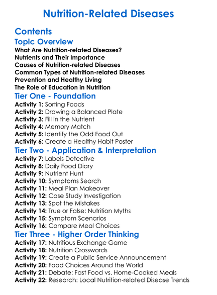 Nutrition-Related Diseases Worksheet Activity Booklet