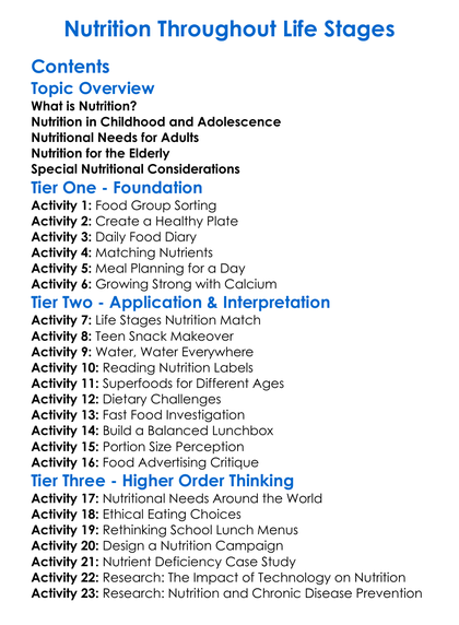 Nutrition Throughout Life Stages Worksheet Activity Booklet