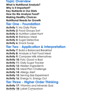 Nutritional Analysis Worksheet Activity Booklet