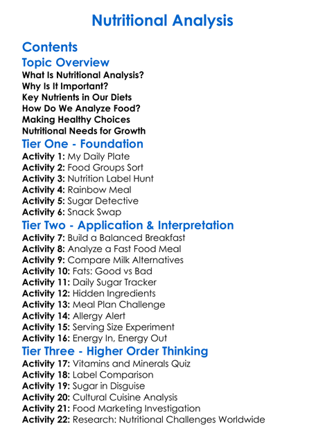 Nutritional Analysis Worksheet Activity Booklet