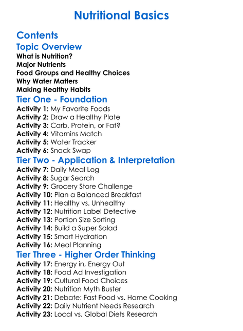 Nutritional Basics Worksheet Activity Booklet