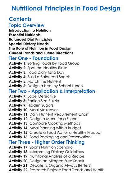 Nutritional Principles In Food Design Worksheet Activity Booklet
