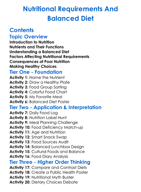 Nutritional Requirements And Balanced Diet Worksheet Activity Booklet