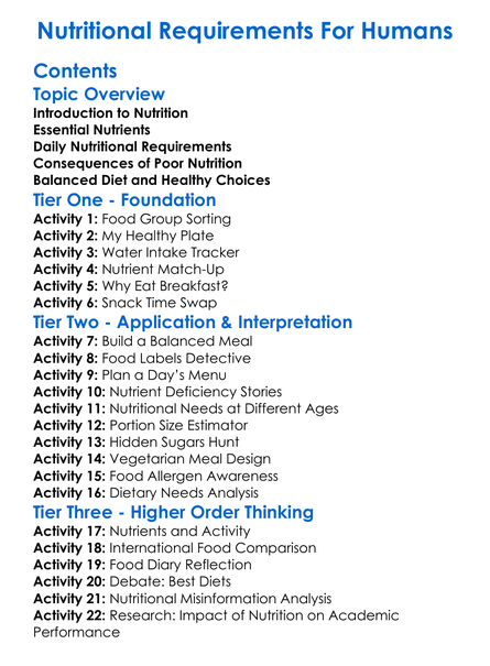 Nutritional Requirements For Humans Worksheet Activity Booklet