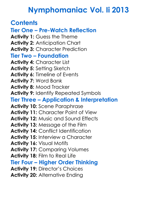 Nymphomaniac Vol Ii 2013 Worksheet Activity Booklet