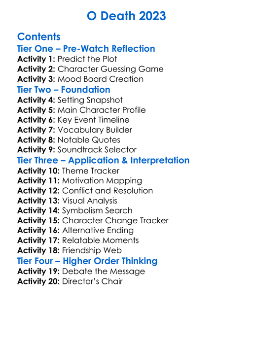 O Death 2023 Worksheet Activity Booklet