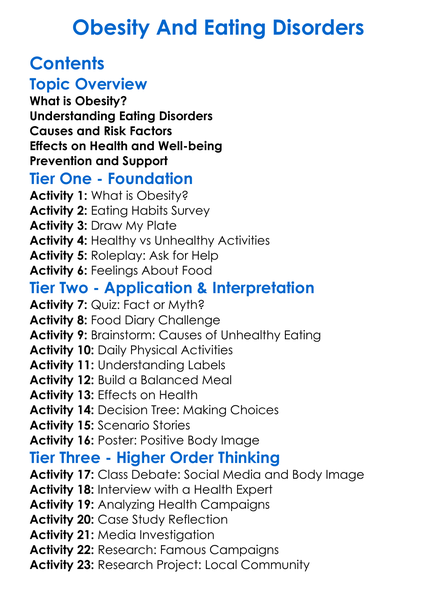 Obesity And Eating Disorders Worksheet Activity Booklet
