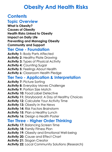 Obesity And Health Risks Worksheet Activity Booklet