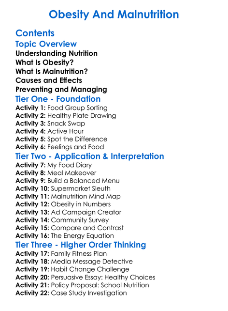 Obesity And Malnutrition Worksheet Activity Booklet