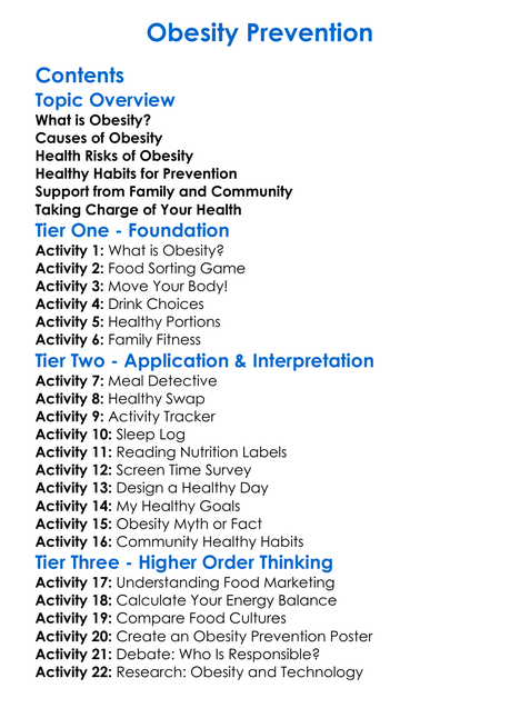 Obesity Prevention Worksheet Activity Booklet