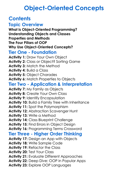 Object-Oriented Concepts Worksheet Activity Booklet