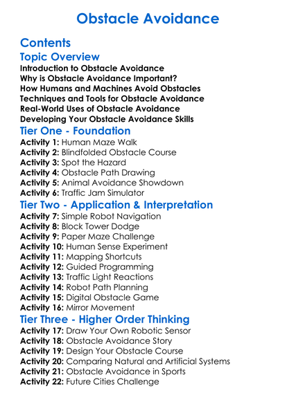 Obstacle Avoidance Worksheet Activity Booklet