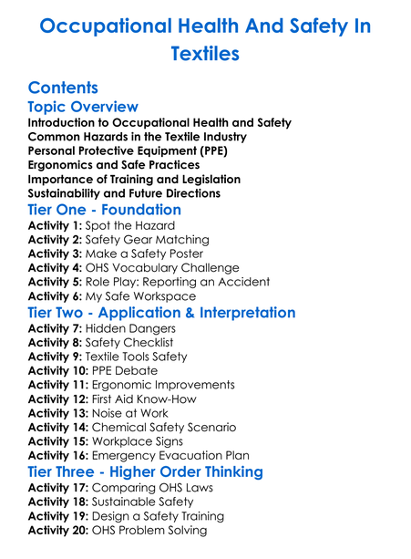 Occupational Health And Safety In Textiles Worksheet Activity Booklet