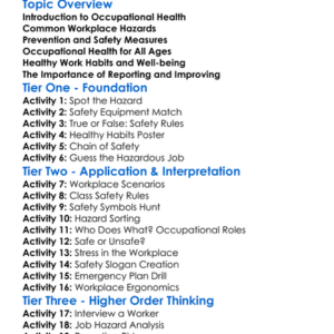 Occupational Health Awareness Worksheet Activity Booklet