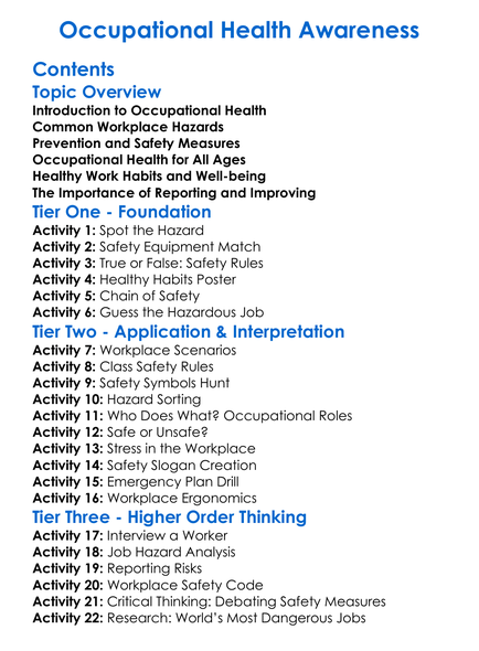Occupational Health Awareness Worksheet Activity Booklet