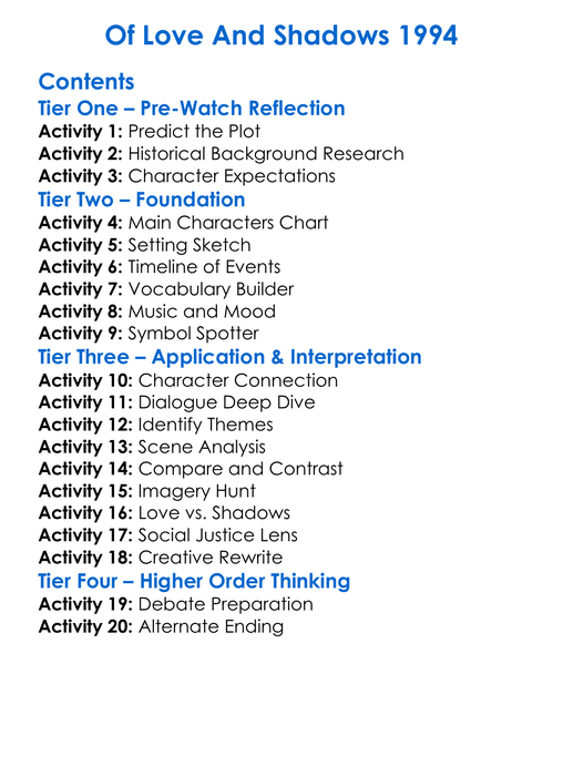 Of Love And Shadows 1994 Worksheet Activity Booklet