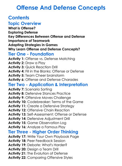 Offense And Defense Concepts Worksheet Activity Booklet