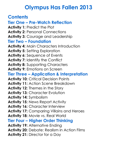 Olympus Has Fallen 2013 Worksheet Activity Booklet