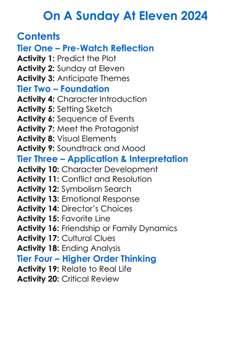 On A Sunday At Eleven 2024 Worksheet Activity Booklet