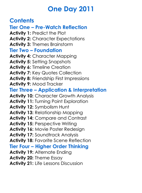 One Day 2011 Worksheet Activity Booklet