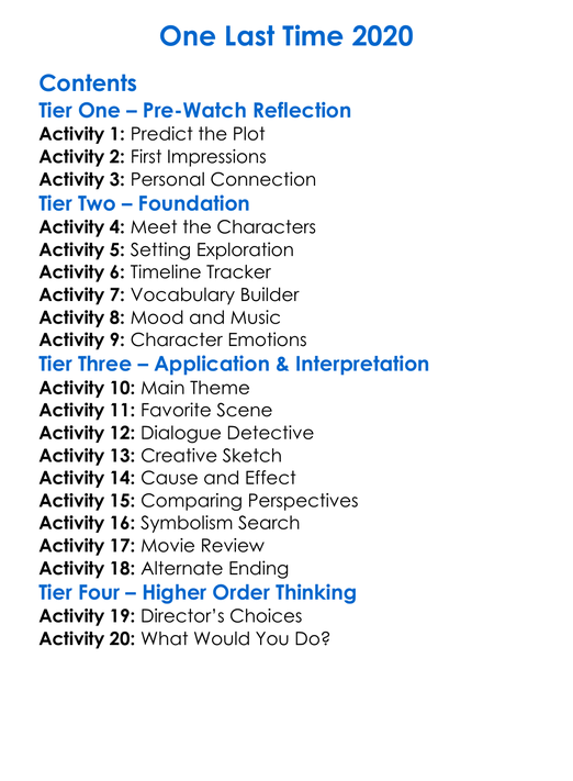 One Last Time 2020 Worksheet Activity Booklet