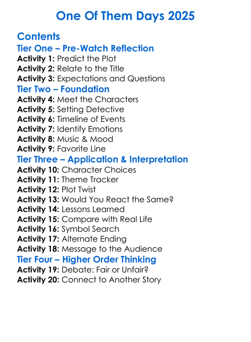 One Of Them Days 2025 Worksheet Activity Booklet
