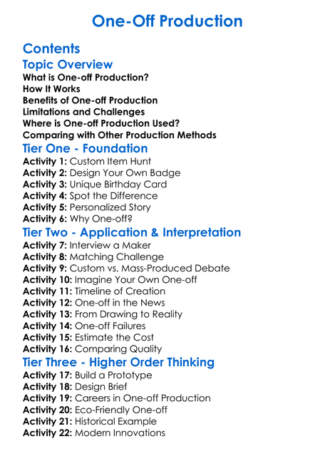 One-Off Production Worksheet Activity Booklet