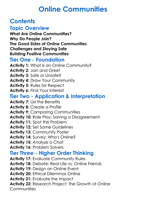 Online Communities Worksheet Activity Booklet