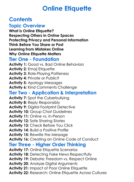 Online Etiquette Worksheet Activity Booklet