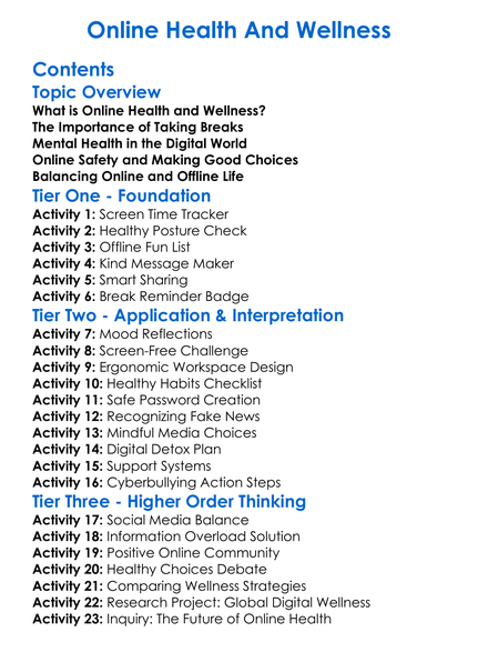 Online Health And Wellness Worksheet Activity Booklet