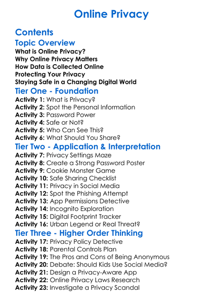 Online Privacy Worksheet Activity Booklet