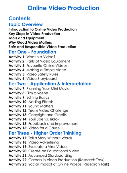 Online Video Production Worksheet Activity Booklet