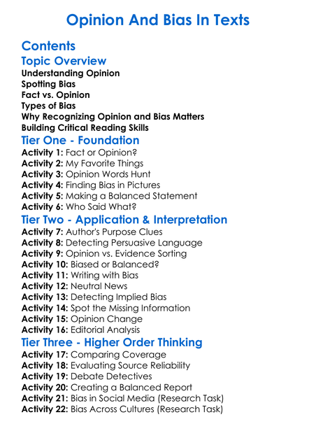Opinion And Bias In Texts Worksheet Activity Booklet
