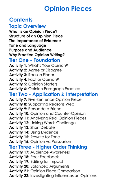 Opinion Pieces Worksheet Activity Booklet