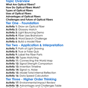 Optical Fibers Worksheet Activity Booklet