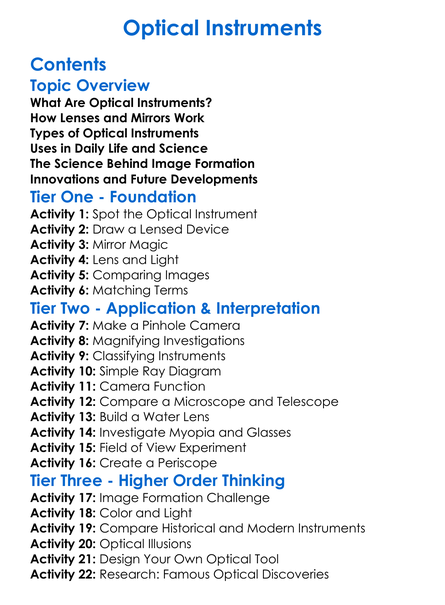 Optical Instruments Worksheet Activity Booklet