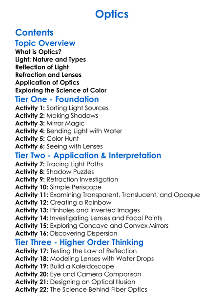 Optics Worksheet Activity Booklet