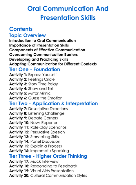 Oral Communication And Presentation Skills Worksheet Activity Booklet