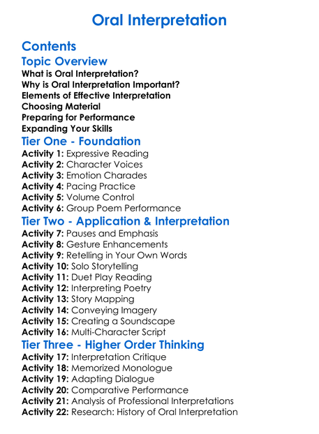 Oral Interpretation Worksheet Activity Booklet