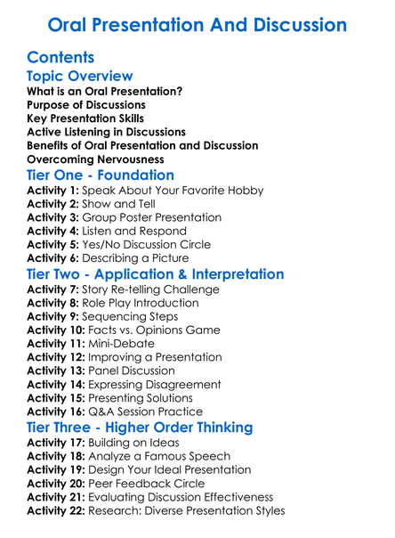 Oral Presentation And Discussion Worksheet Activity Booklet
