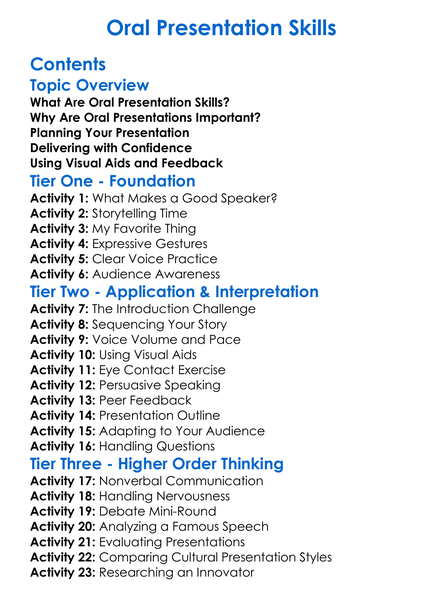 Oral Presentation Skills Worksheet Activity Booklet