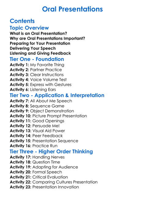 Oral Presentations Worksheet Activity Booklet
