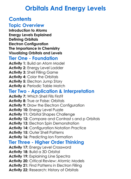 Orbitals And Energy Levels Worksheet Activity Booklet