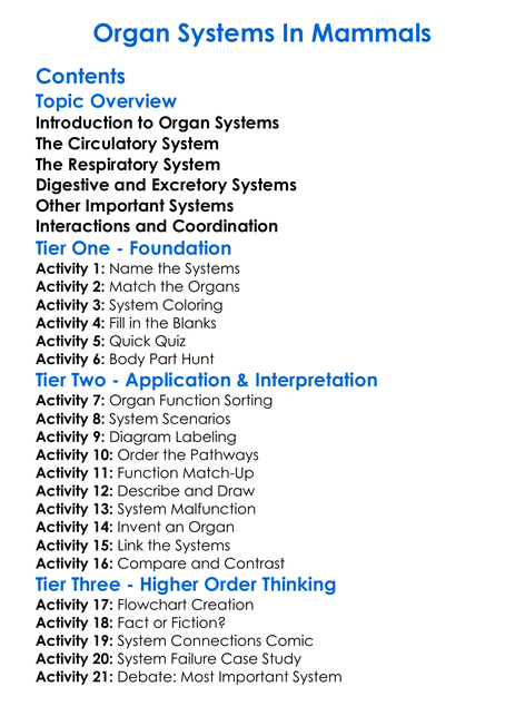 Organ Systems In Mammals Worksheet Activity Booklet