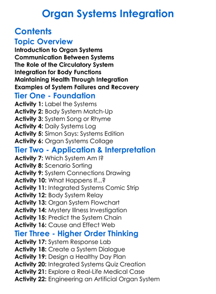Organ Systems Integration Worksheet Activity Booklet