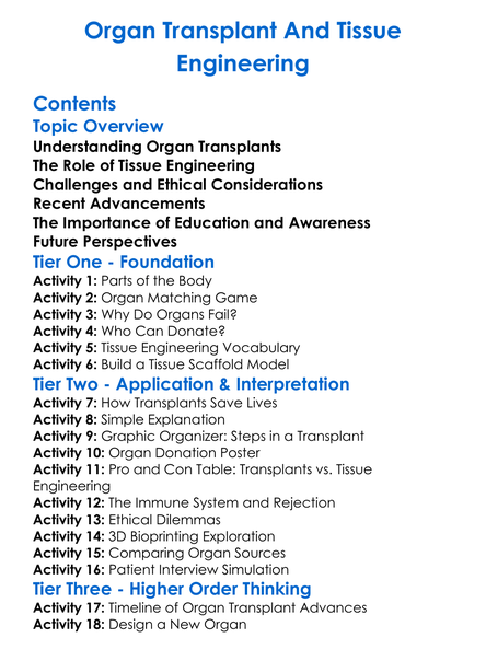 Organ Transplant And Tissue Engineering Worksheet Activity Booklet