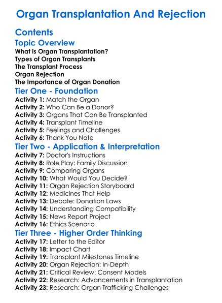 Organ Transplantation And Rejection Worksheet Activity Booklet