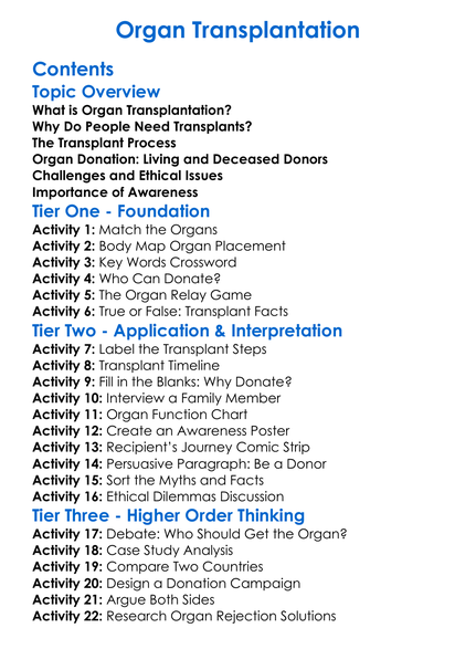 Organ Transplantation Worksheet Activity Booklet