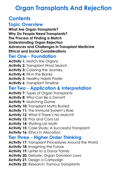 Organ Transplants And Rejection Worksheet Activity Booklet