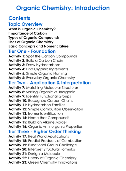 Organic Chemistry Introduction Worksheet Activity Booklet